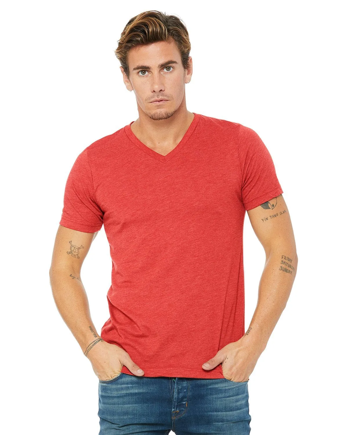 Bella + Canvas Unisex Triblend Short Sleeve V-Neck T-Shirt 3415C Red Triblend