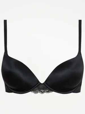 Black Satin Lace Trim Padded Plunge Bra | Lingerie | George at ASDA