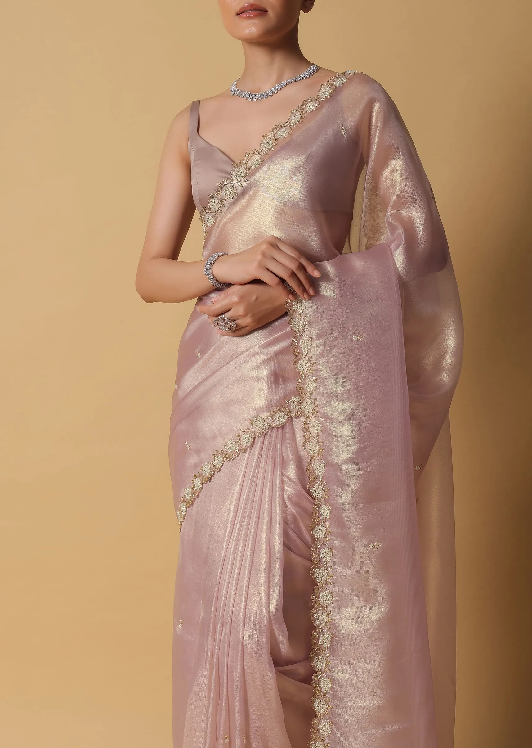 Copper Brown Foil Saree In Tissue With Cut Dana Embroidered Borders