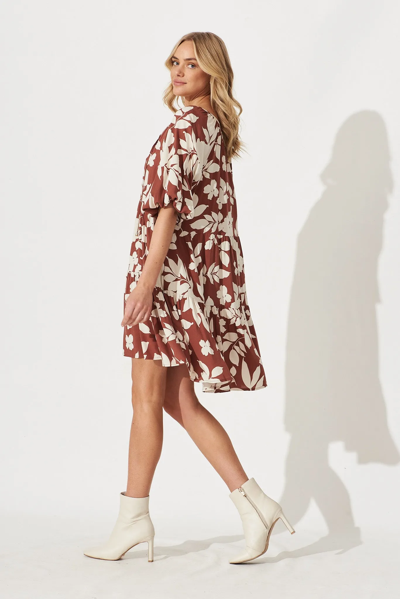 Enamour Smock Dress In Rust Leaf Print