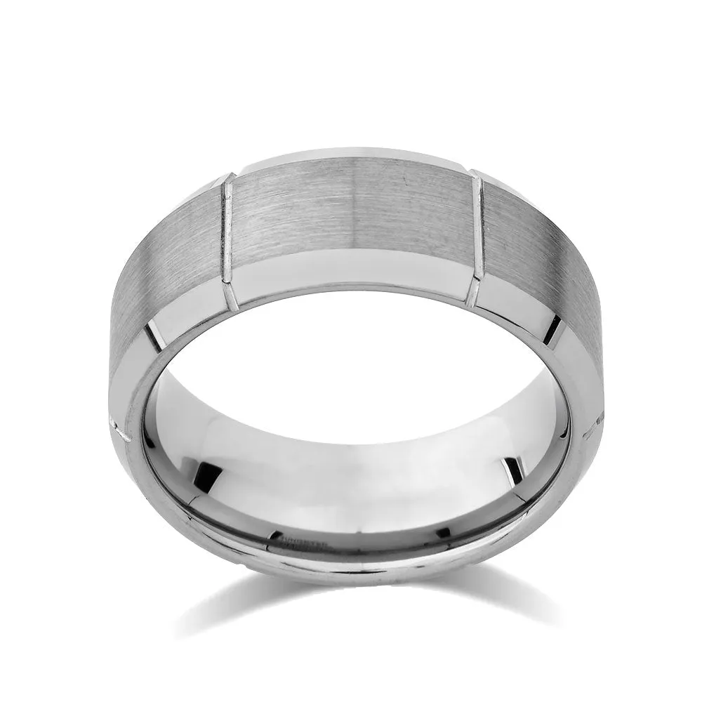 Gray Brushed Tungsten Ring - Unique Mens Band - Grooved - 9mm - High Polish Beveled Edge - Engagement Ring
