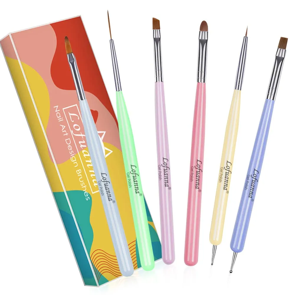 Nail Art Brushes Set Lofuanna 6Pcs Nail Tips Art Design Tools with Poly Extension Gel Brush, Nail Polish Brush, Carved Brush, Ar